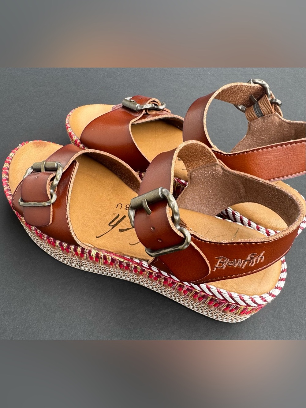 Blowfish Malibu Brown Sandals with Red Accent Braided Espadrille Platform Sandal